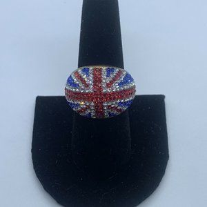 Women's Unique UK Flag Design In Gold Tone Pave Fashion Ring Size 8